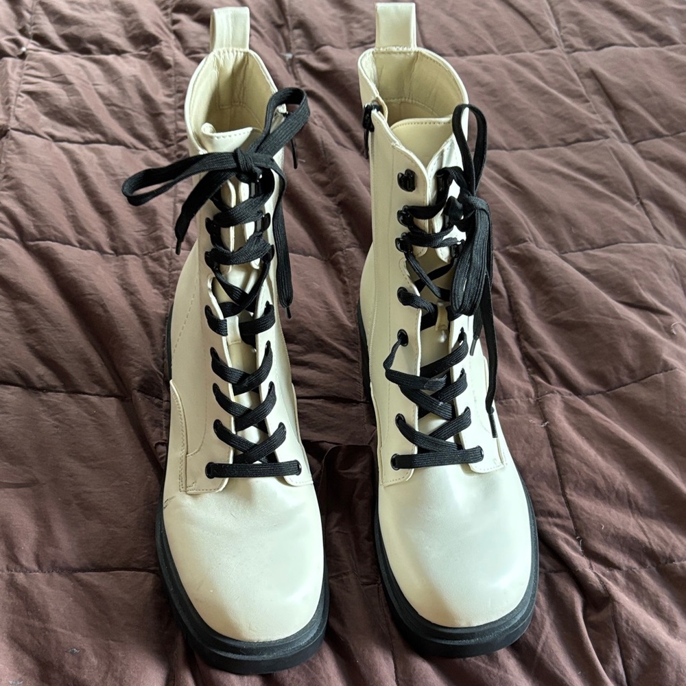 Nine West Black and Cream Combat Boots